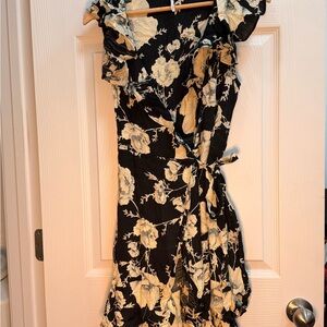 Free People Black Wrap Midi Dress with Cream Floral